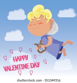 Vector illustration of cute blonde flying cupid playing the lyre. Saint Valentine background