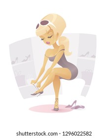 Vector Illustration of a Cute Blonde Girl Trying On a New Pair of High Heels.