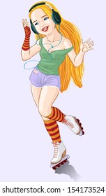 Vector illustration, cute blonde girl on roller skates, cartoon concept.