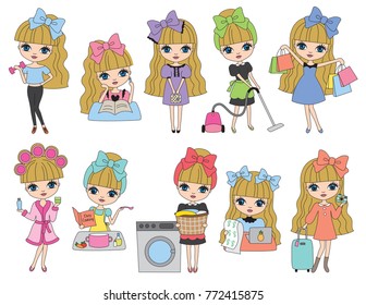 Vector Illustration of cute blonde haired girl in routine activities such as working out, studying, doing laundry, cooking, vacuuming, shopping, paying bills, traveling.