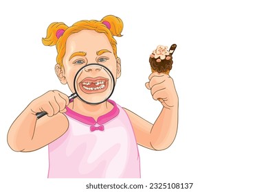 Vector illustration of cute blonde little girl showing decayed tooth through magnifying glass while holding dark chocolate in waffle cones,oral health problems,on white.Check for tooth decay in child.