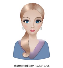 Vector illustration of a cute blonde woman with blue eyes avatar character on a white background