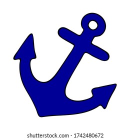 Vector-Abbildung. Der blaue Anker ist auf weiß isoliert. Nautisches Thema. Handgezeichnete, einfache Sommerdoodle-Clipart. Ideal für Poster, Banner, Karten, Babyprojekte, Scrapbooking.