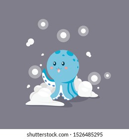 Vector illustration with a cute  blue baby octopus.  Kawaii cartoon octopus baby bathes in the foam. Around him, soap bubbles, he is joyful and happy.