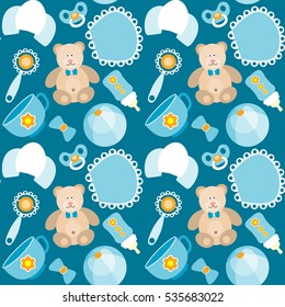 A vector illustration of cute blue baby boy seamless pattern background.