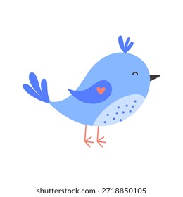 Vector illustration of a cute blue bird with a heart detail on its wing. Minimal and playful style, perfect for children designs, spring themes, stickers, cards, and educational materials.