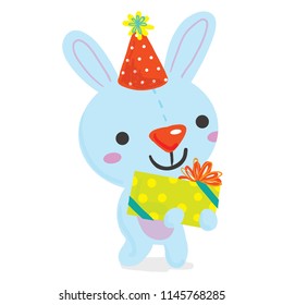 Vector illustration of cute blue bunny character wearing a party hat and holding out a birthday present