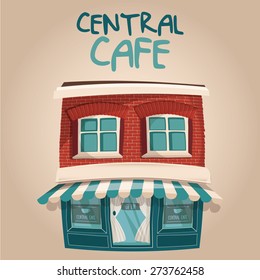 Vector illustration of cute blue Central cafe building 