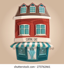 Vector illustration of cute blue Central cafe building 