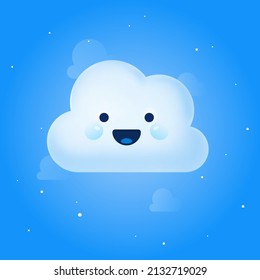 Vector illustration of cute blue cloud character in the starry sky. Kawaii style smiling cartoon for kids and baby showers