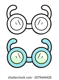 Vector illustration of cute blue color glasses on the white background. Black outline cartoon design. For coloring book, children game, education activity, drawing pastime, preschool painting task.