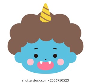 Vector illustration of a cute blue demon face. Setsubun, horns