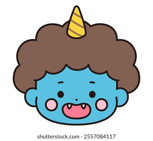 Vector illustration of a cute blue demon face. Setsubun, horns