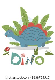 Vector illustration of a cute blue dinosaur with red spikes surrounded by tropical leaves. Perfect for children s design, educational materials and gaming themes.