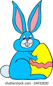 A vector illustration of a cute blue easter bunny holding a yellow easter egg decorated with a pink stripe.