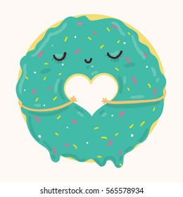 Vector illustration of cute blue icing cartoon donut with heart and face, can be used for valentine's day greeting cards, party invitations, posters, prints and books