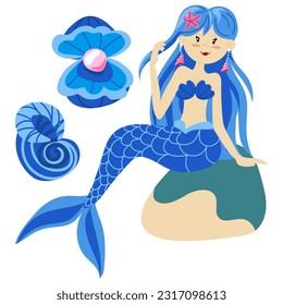 Vector illustration of a cute blue mermaid princess with colorful hair and other underwater elements. Seashells, a shell with pearls, stones all in her color Childrens illustration in the marine theme