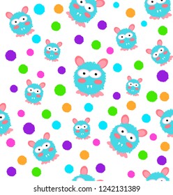 Vector illustration of cute blue monsters with colorful pompoms on white background. Seamless pattern.