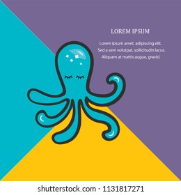 Vector illustration with cute blue octopus isolated on background. Template for sea food, invitation, flayer, greeting card, web. Postcard motive.