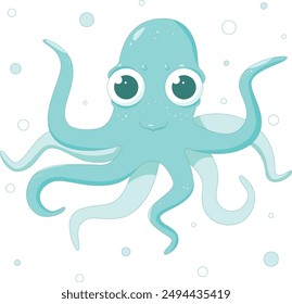 Ilustración vectorial de un lindo pulpo azul. Pulpo bebé en burbujas ilustración infantil. Carácter de pulpo.