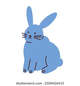 Vector illustration of a cute blue rabbit with long ears and whiskers. Cartoon flat style, perfect for pet, farm and wildlife themes. Adorable bunny, ideal for animal lovers and nature icons