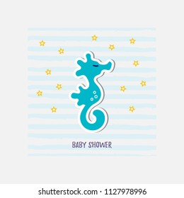 Vector illustration with cute blue sea horse. Baby shower party invitation. Template for party invitation, greeting card, poster, love you card.