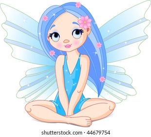 Vector Illustration of cute blue sitting little fairy