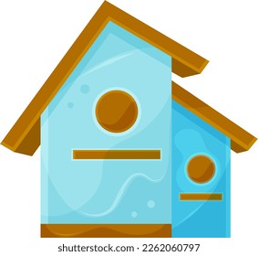 vector illustration cute blue wooden birdhouse, small wooden house, spring illustration 