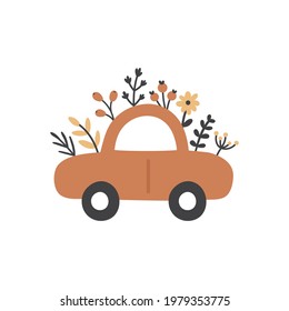 Vektorgrafik, süßer Boho-Wagen und Blumen im Vintage-Stil, Babydusche, Clipkunst für Kinder