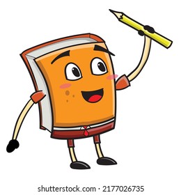 Vector illustration of cute book cartoon character holding pencil. Simple illustration icon of smiling kawaii cartoon character laughing in vector image. Isolated on a white background. kids concept