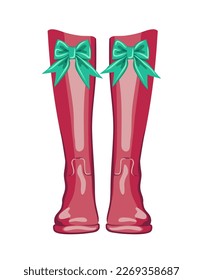 vector illustration of cute boots with a bow in 2023 Viva Magenta color. Rubber boots for autumn fall walks.