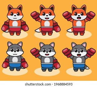 Vector illustration of cute Boxing Wolf, cartoon. Cute Wolf character expressions, design bundle. Good for icon, logo, label, sticker, clipart.