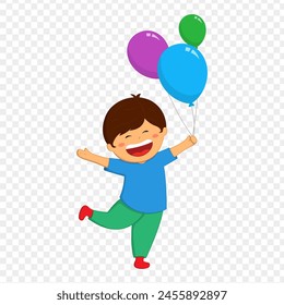 Vector illustration of cute boy with balloons on transparent background