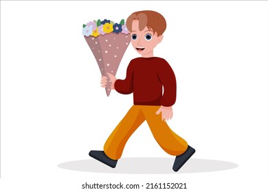 Vector Illustration of a cute boy with a beautiful bouquet of flowers. Back to school. Boy carries a bouquet of flowers.