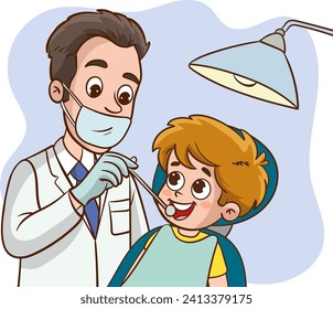 vector illustration of cute boy being examined at the dentist