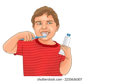 Vector illustration of cute boy with blue eyes brushing teeth,holding blue toothbrush with toothpaste,white toothpaste tube with blue cap,on white.Cultivate children brush teeth clean every day.