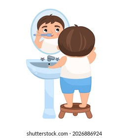 Vector illustration of a cute boy brushing teeth. Oral cavity care.
