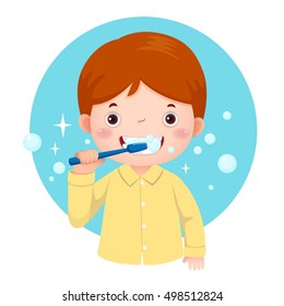 Vector illustration of cute boy brushing his teeth