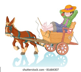 Vector illustration, cute boy in a cart, cartoon concept, white background.
