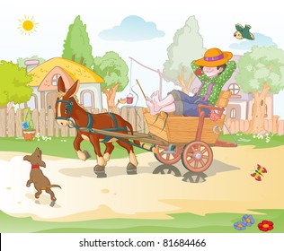 Vector illustration, cute boy with cart, cartoon concept.