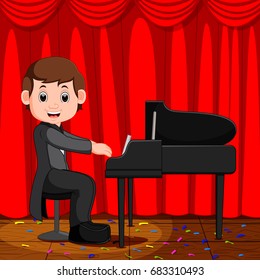 Vector Illustration Of Cute Boy Cartoon Playing Piano