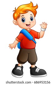 Vector illustration of Cute boy cartoon waving hand