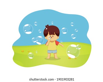 vector illustration with cute boy in a children's style.Blowing bubbles,Standing on the lawn With the sky in the scene.