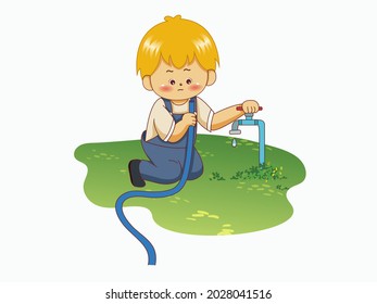 vector illustration with cute boy in a children's style. Cute boy doing prepare to water the plants.