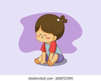 vector illustration with cute boy in a children's style, Cute Boy  Sitting on Floor and smiling, Shy smile.