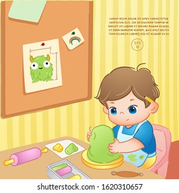 Vector illustration of cute boy creating monster figure from clay