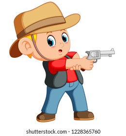 Vector illustration of Cute boy dressed as a cowboy with revolver