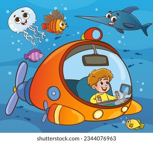 vector illustration cute boy driving submarine