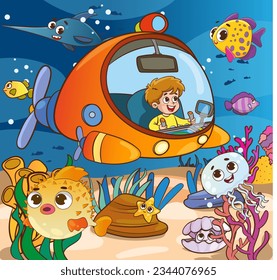 vector illustration cute boy driving submarine