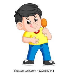 Vector illustration of cute boy eating a deep fried chicken